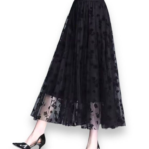 Black Multi Layer Floral Embroidered A-Line Midi Skirt - NEW - Picture 1 of 3